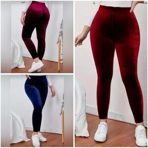 3 Pairs of Velvet High-Waisted Leggings in Blue, Red and Burgundy